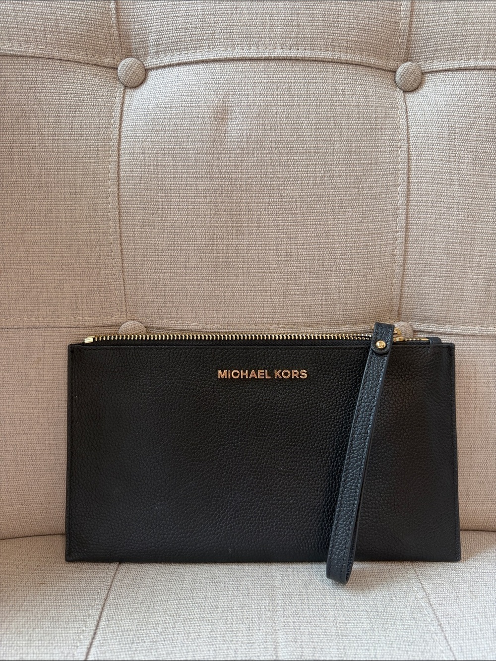 Michael Kors Black Leather Wristlet with Gold Logo